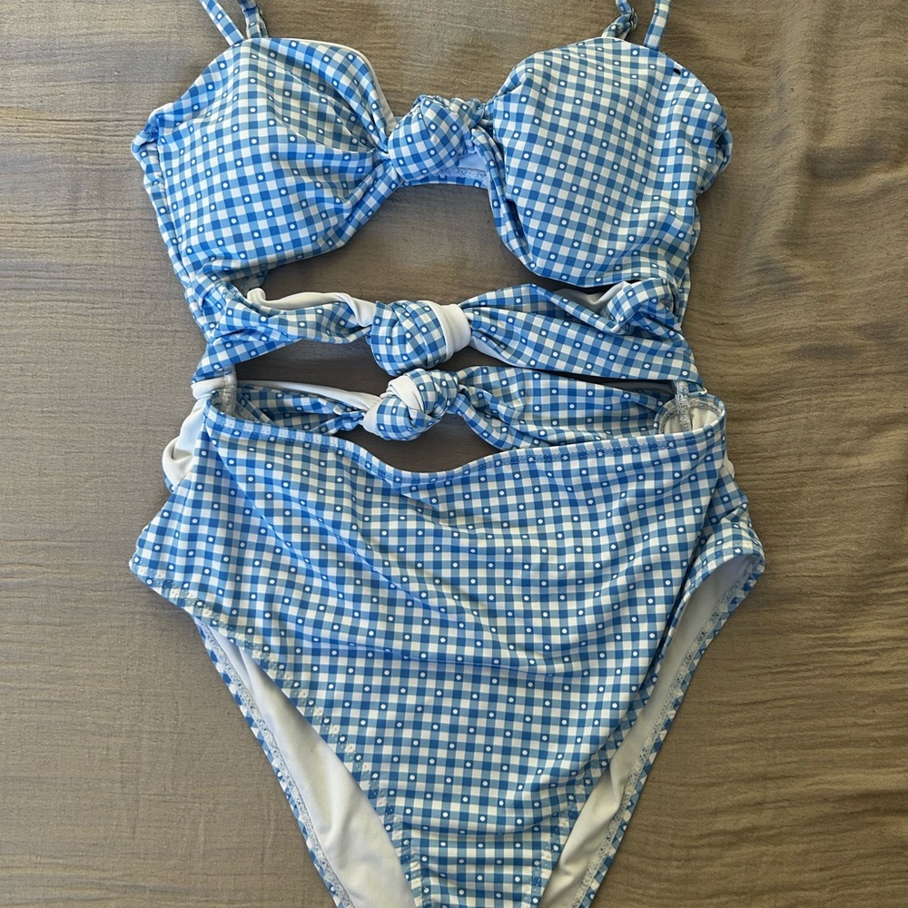 Blue Checkered One Piece Women’s Swimwear